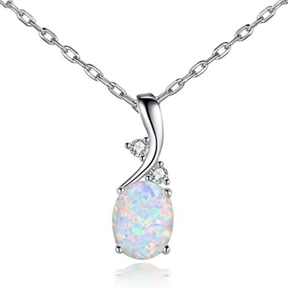 Vintage Opal Pendant Necklace, Silver Plated Created Gemstone Oval White Opal Fa